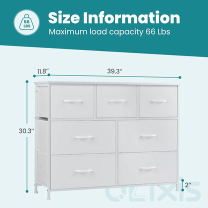 7 Drawer Dresser for Bedroom, Wide Fabric Storage Tower with Wooden Top and Metal Frame, Closet Chest Organizer Furniture, TV Stand for Living Room Hallway, White
