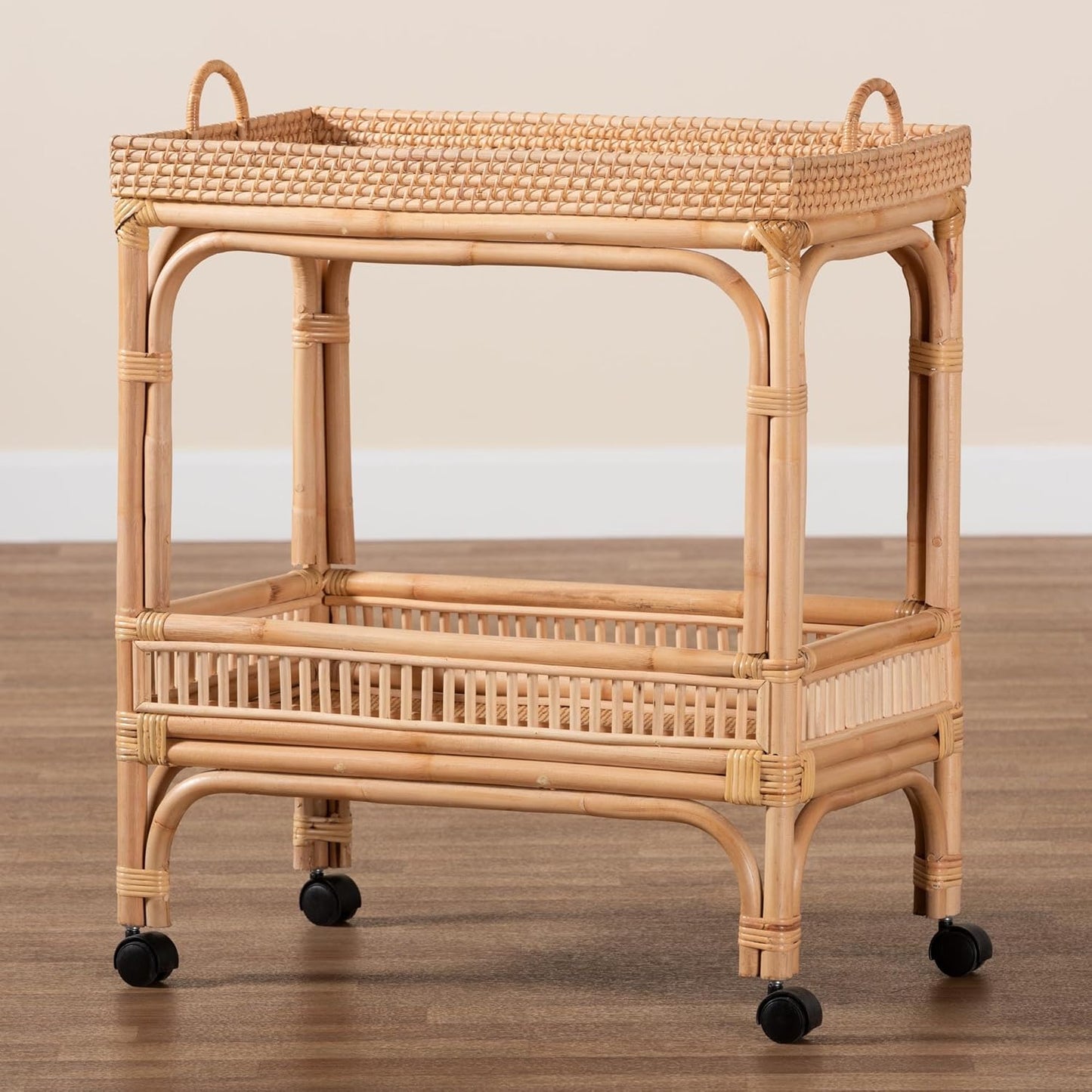Lombok Natural Rattan Wine Cart, 2-Tier