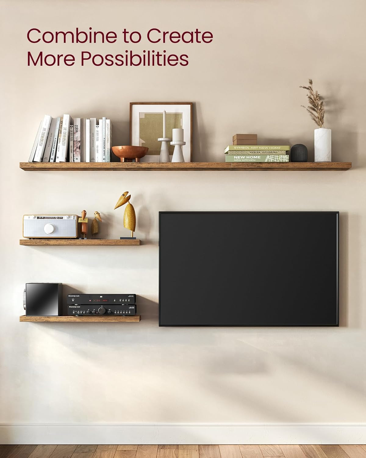 Wall Shelves Set of 3, Floating Shelves, Wall Mounted, 8 X 23.6 X 1.5 Inches, Display Shelves for Picture Frames, Wall Decor, Hanging Shelf for Living Room, Kitchen, Rustic Brown ULWS057B01