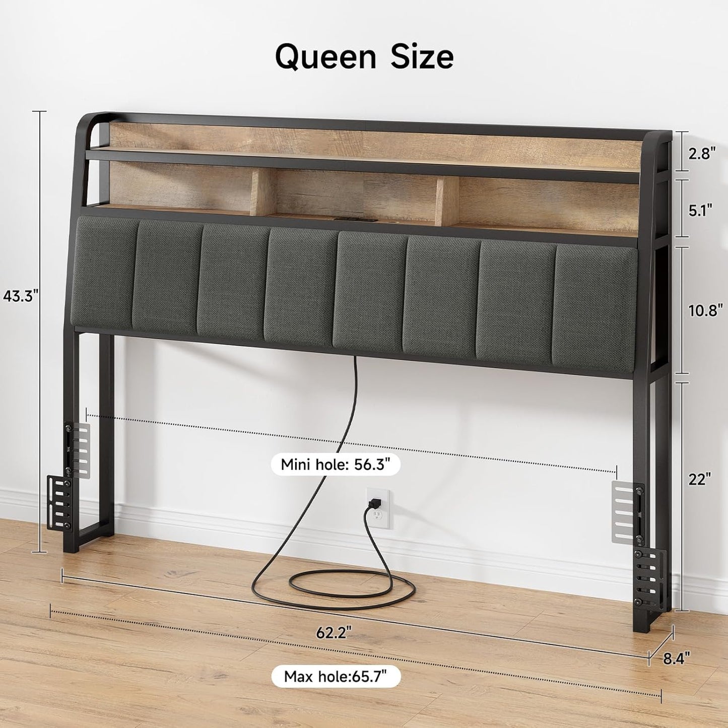 Ergonomic Headboard for Queen Size Bed with 2-Tier Storage, Upholstered Headboard with Outlets, USB Ports, LED Light, Queen Head Board Only, Height Adjustable, Sturdy and Stable, Black & Brown