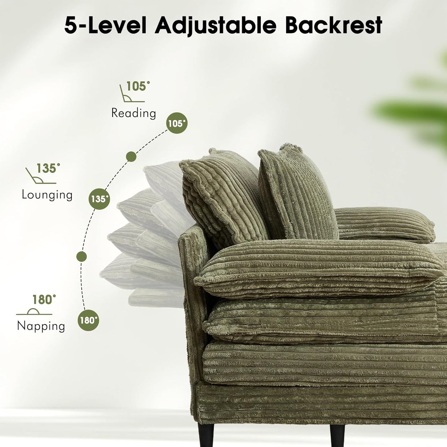 54.8" W Oversized Chaise Lounge Chair Indoor with 5-Position Adjustable Backrest, Corduroy Sleeper Sofa Bed with 3 Pillows, Modern Cloud Couch Chair for Living Room, Bedroom, Green