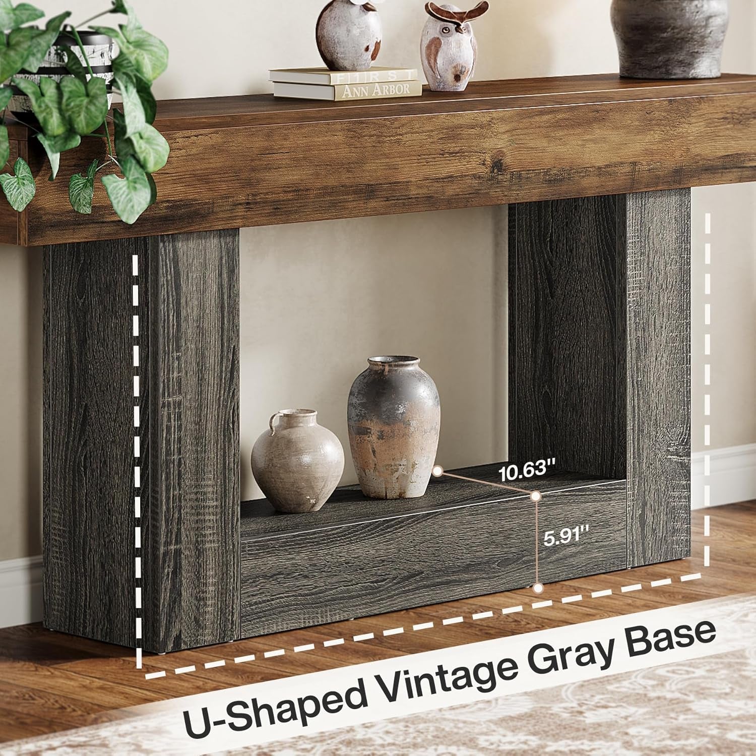 63" Console Table, Farmhouse 2-Tier Entryway Table with U-Shaped Base, Narrow Long Wood Sofa Table behind Couch Table for Living Room, Hallway, Foyer, Vintage Brown & Gray
