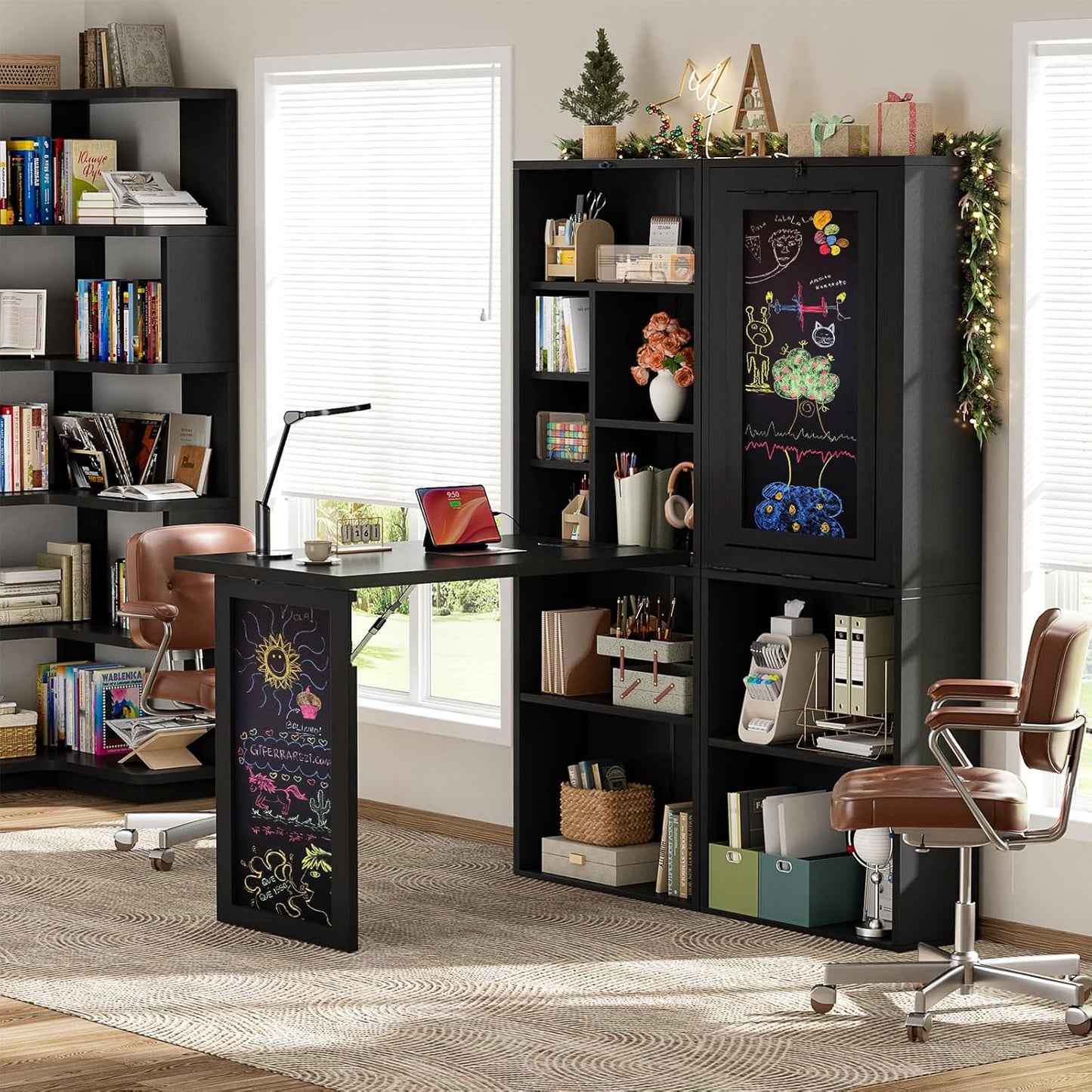 Small Folding Desk with Outlets, Convertible Writing Desk for Small Spaces/Home Office/Craft Room, Multi-Function Desk Workstation with Blackboard, Fold-Out Cabinet Table, Black
