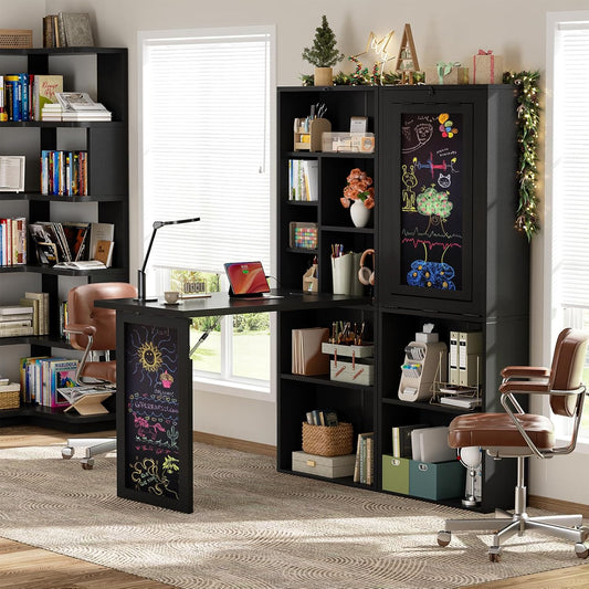 Small Folding Desk with Outlets, Convertible Writing Desk for Small Spaces/Home Office/Craft Room, Multi-Function Desk Workstation with Blackboard, Fold-Out Cabinet Table, Black