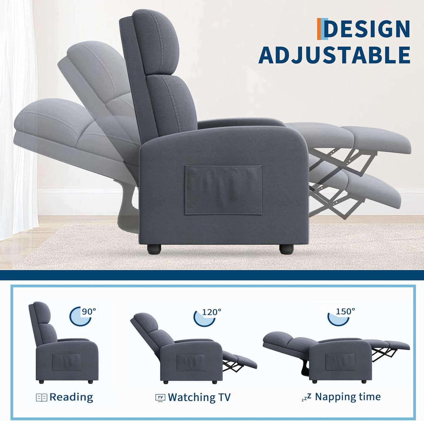 Recliner Chair for Adults, Lazy Recliner Ergonomic Adjustable Single Sofa Enhanced with Side Pocket, Tall Back, Wide Arms & Padded Seat, Home Theater Seating for Living Room