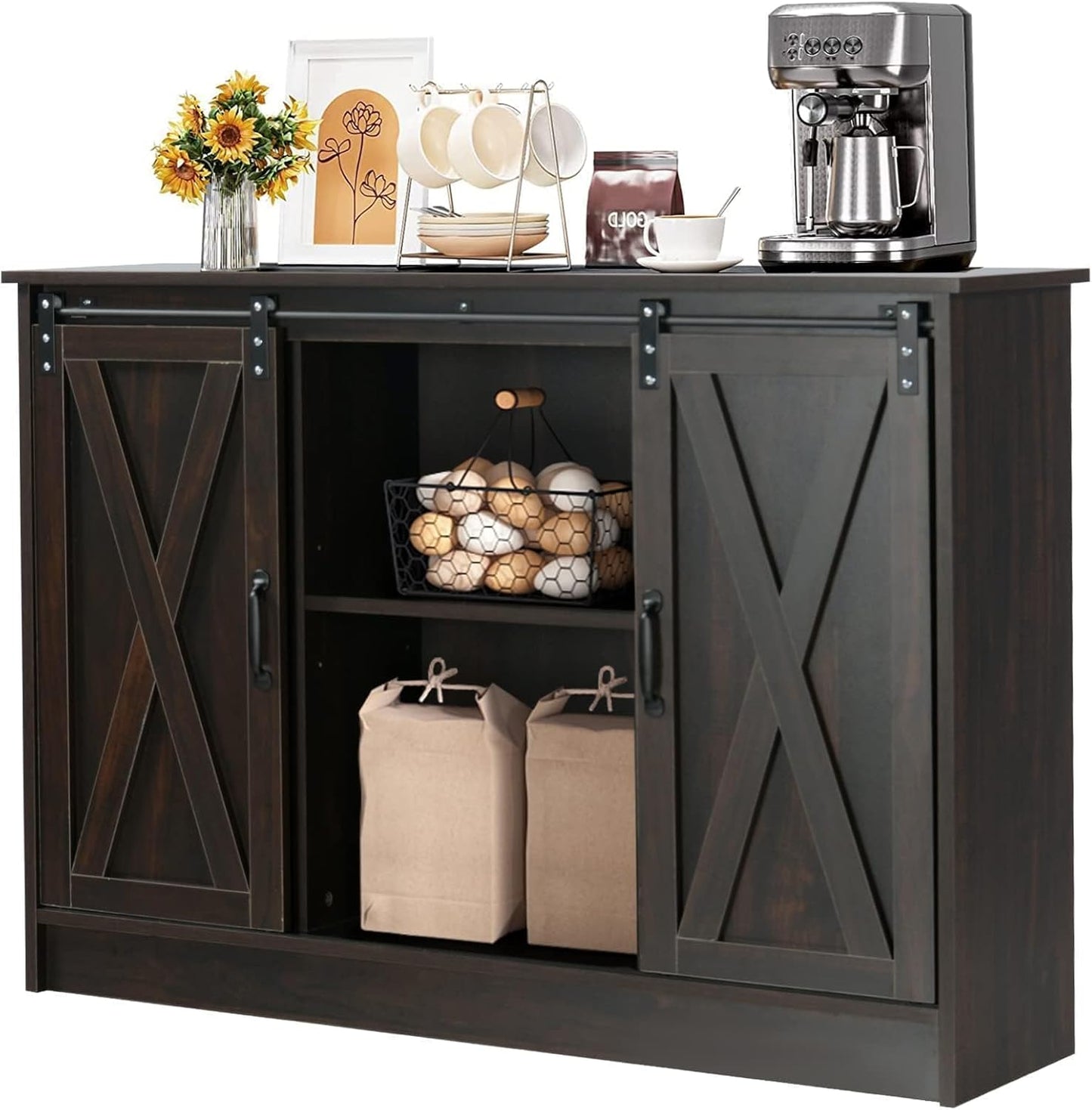 Coffee Bar Cabinet with Sliding Barn Doors, 42” Sideboard Buffet Cabinet with Storage, Farmhouse Coffee Bar Station Table Liquor Wine Bar with Shelves for Kitchen, Espresso