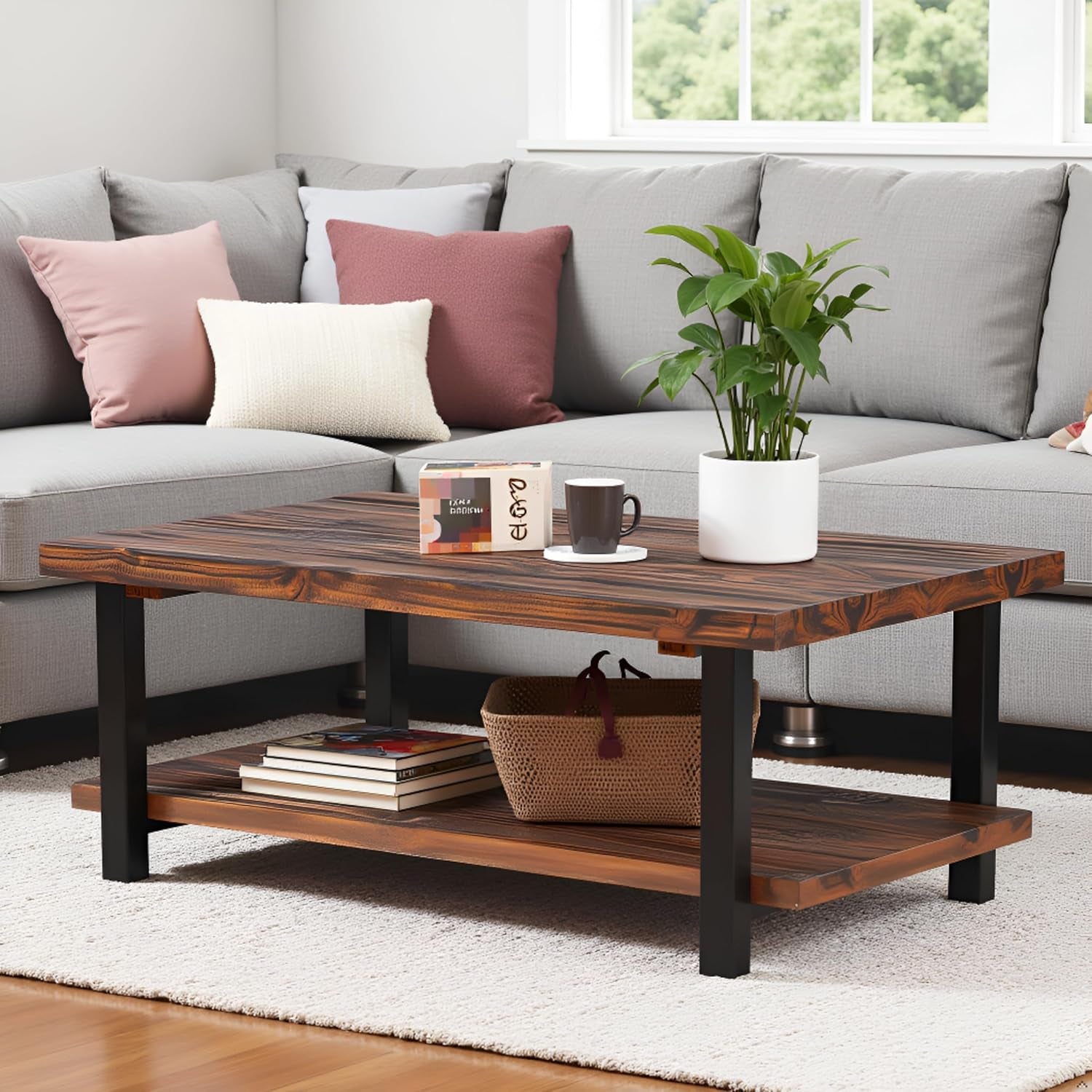 Pomona Rustic Industrial 2-Tier Rectangular Coffee Table – 48” Solid Wood Top with Shelf, Metal Legs, and Reclaimed Finish – Farmhouse Style Living Room Furniture