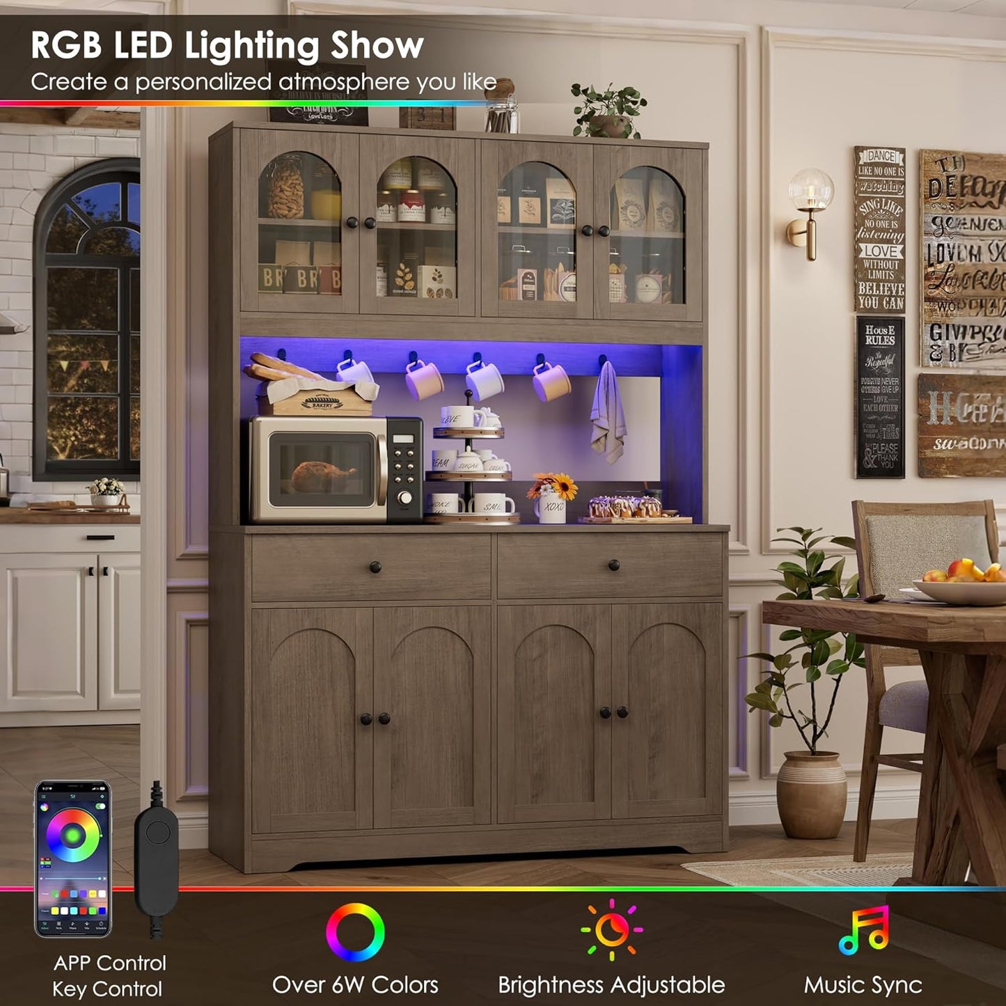 71" LED Kitchen Pantry Cabinet with Power Outlet, Large Kitchen Hutch Storage Cabinet with Arched Door, Shelves, 2 Drawer, Tall Farmhouse Coffee Bar W/Hutch for Home Dining Living Room, Ash Grey
