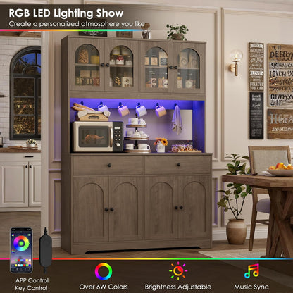 71" LED Kitchen Pantry Cabinet with Power Outlet, Large Kitchen Hutch Storage Cabinet with Arched Door, Shelves, 2 Drawer, Tall Farmhouse Coffee Bar W/Hutch for Home Dining Living Room, Ash Grey