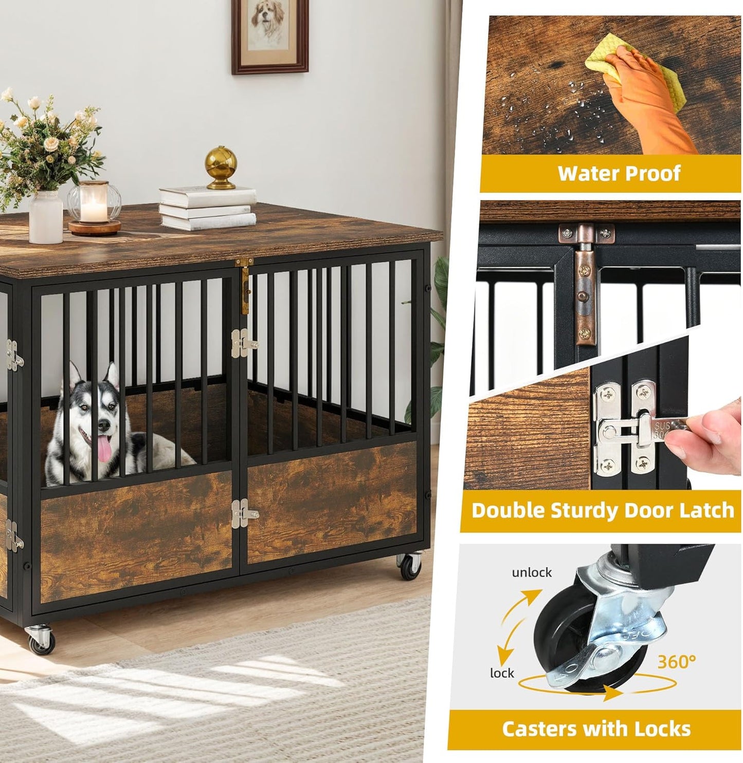 Dog Crate Furniture with Wheels, 38 Inch Dog Kennel Indoor Furniture End Table Dog Crate for Dogs, Farmhouse Decorative Wooden Dog Cage Table with Double-Doors, Chew-Resistant, Rustic Brown