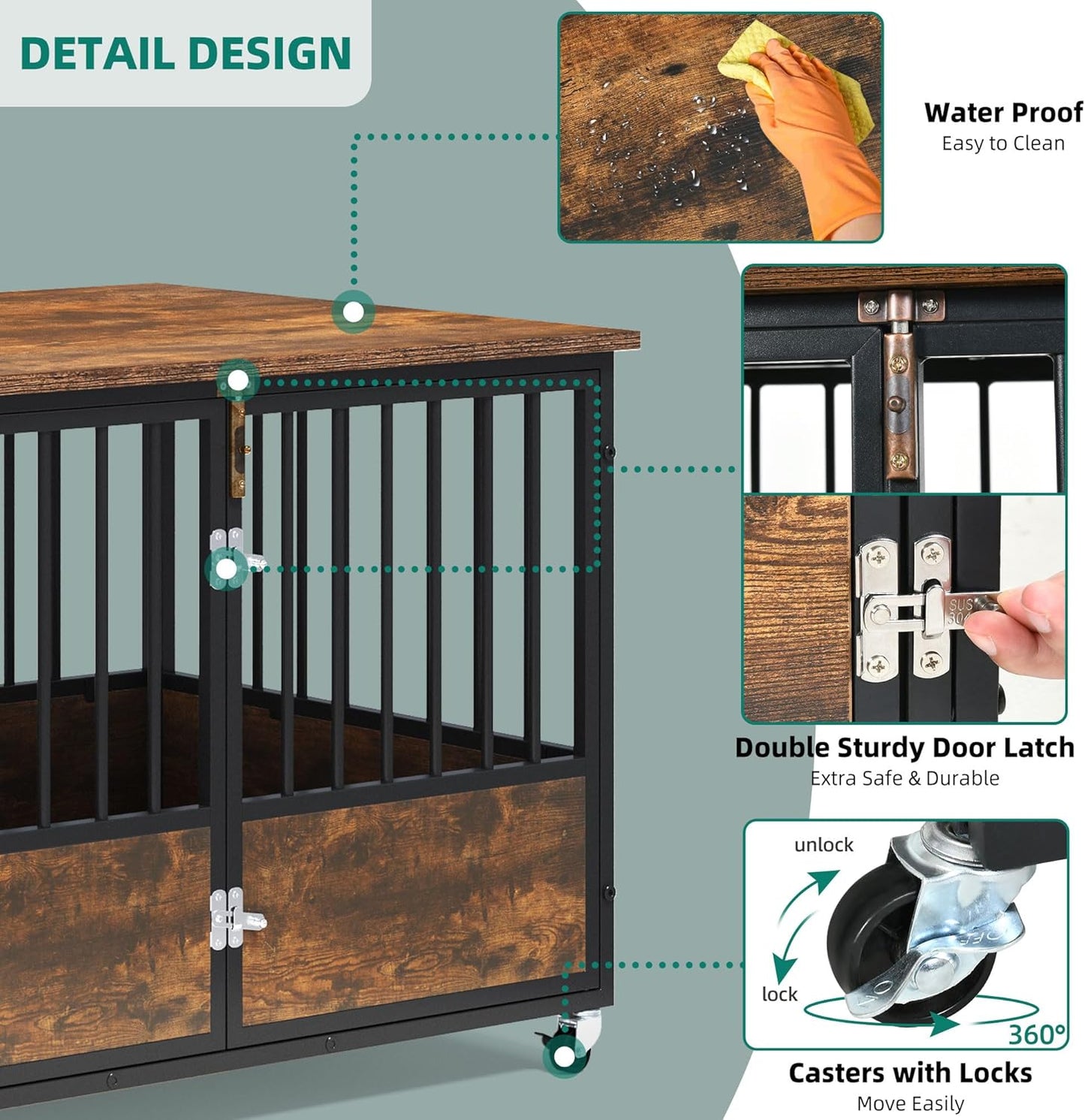43" Dog Crate Furniture with Wheels, Wooden Side End Table, Double-Doors Dog Kennel Indoor for Small/Medium/Large Dogs, Escape Proof Dog House Dog Cage, Rustic Brown