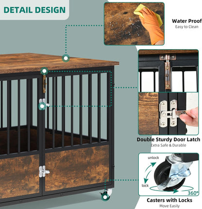 43" Dog Crate Furniture with Wheels, Wooden Side End Table, Double-Doors Dog Kennel Indoor for Small/Medium/Large Dogs, Escape Proof Dog House Dog Cage, Rustic Brown