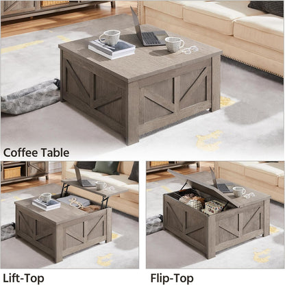 Lift Top Coffee Table, Square Farmhouse Coffee Table with Hidden Storage Compartment, Wood Center Table for Living Room, Home Office, Gray
