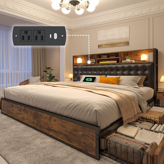 King Size Bed Frame with 4 Storage Drawers, King Bed Frame and Headboard Built in Charging Station,No Noise,No Box Spring Needed,Vintage Brown