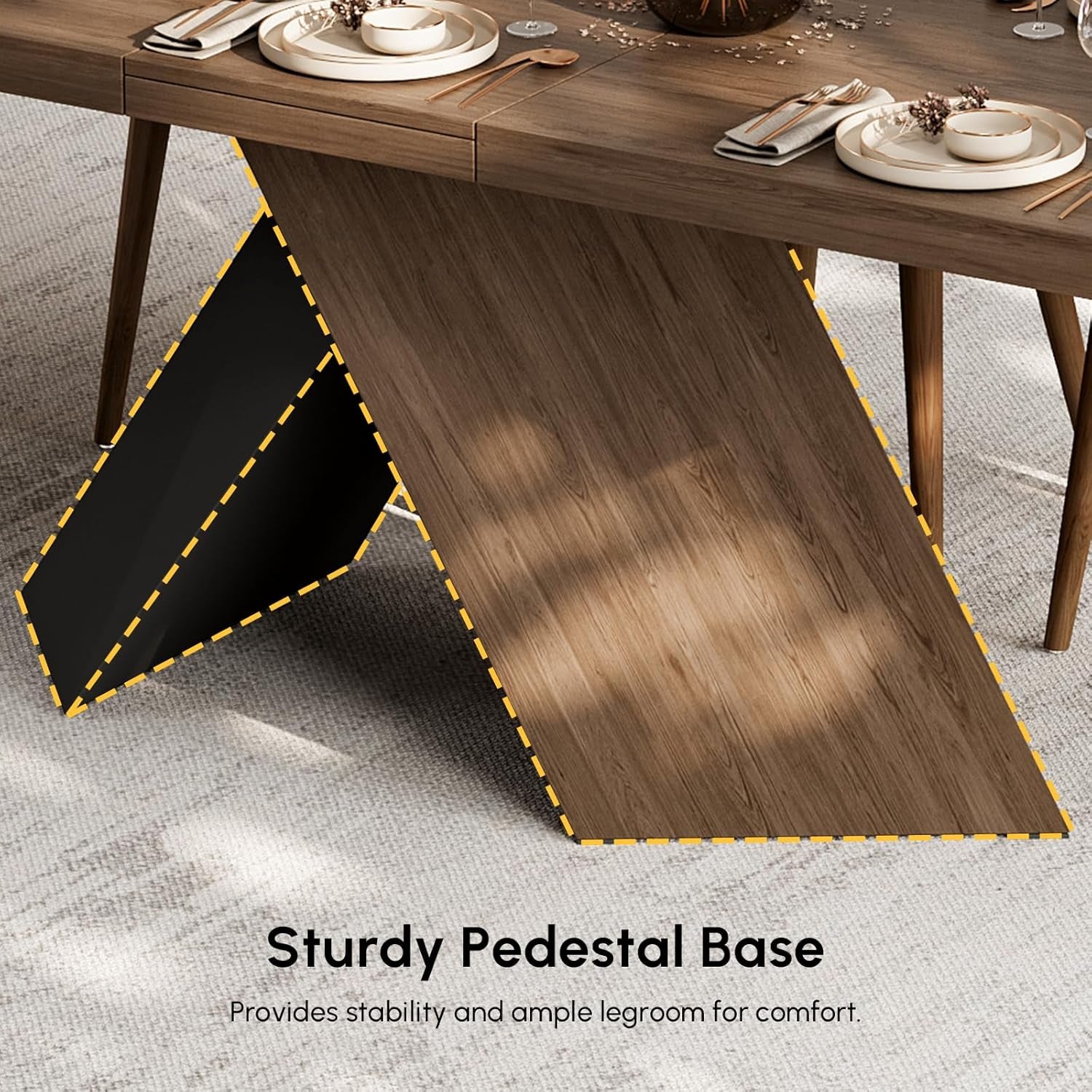 Extendable Dining Table with Walnut Finish, Modern Rectangle Kitchen Table W/Pedestal Base, Seats 6-8 (Walnut, 63"-79" (Seats 6-8))