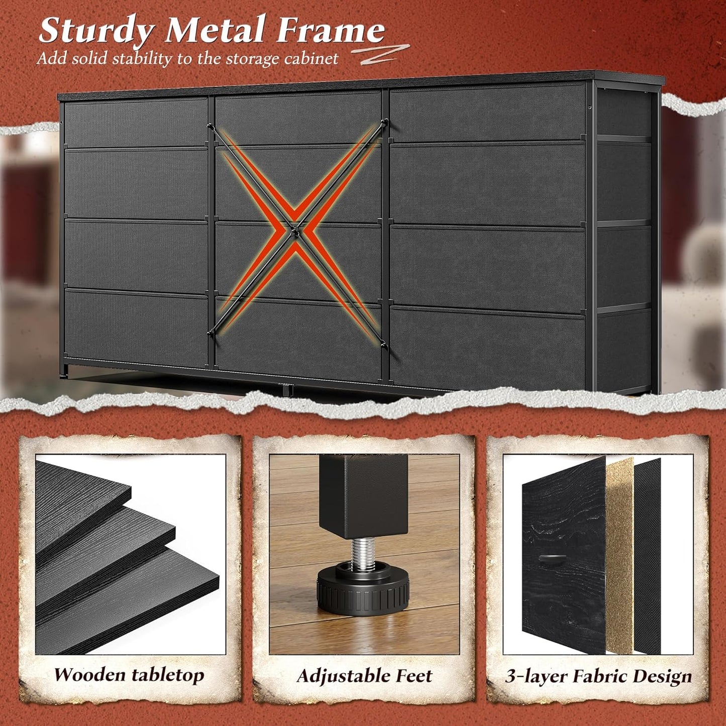 55" Long Dresser for Bedroom with 12 Fabric Drawers, Entertainment Center for 60 Inch TV Dressers & Chests of Drawers Large Organizer, Living Room, Metal Frame, Wood Top, Black