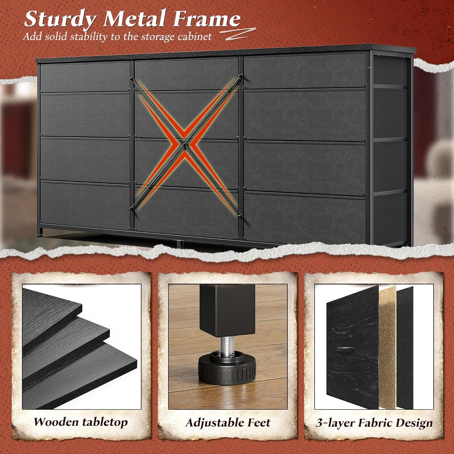 55" Long Dresser for Bedroom with 12 Fabric Drawers, Entertainment Center for 60 Inch TV Dressers & Chests of Drawers Large Organizer, Living Room, Metal Frame, Wood Top, Black