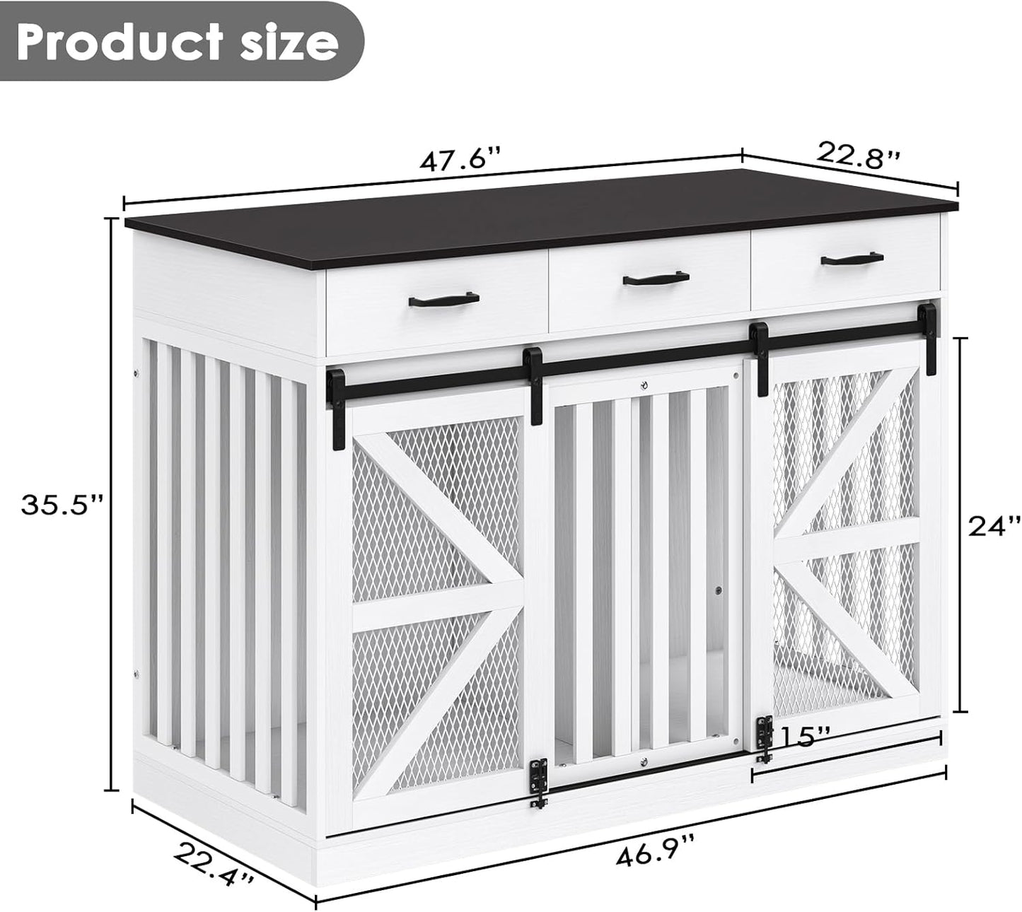 48" Dog Crate Furniture with Storage, Heavy Duty Dog Kennel Indoor with Divider for Small, Medium and Large Dogs, Large Dog Cage with Sliding Barn Door, Decorate House as TV Stand, End Table