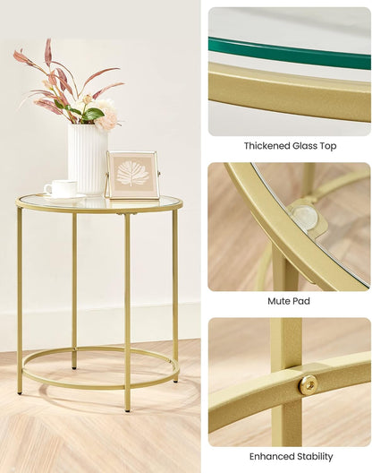 round Side Table, Glass End Table with Metal Frame, Gold Coffee Table with Modern Style, for Living Room, Balcony, Bedroom, Gold Color
