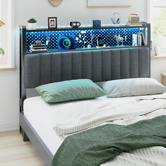 King Size Headboard Only, Adjustable Upholstered Headboard with 2 Tier Shelves and Pegboard with Charging Stations and LED Lights, Modern Bed Headboard with Storage for Bedroom Decor