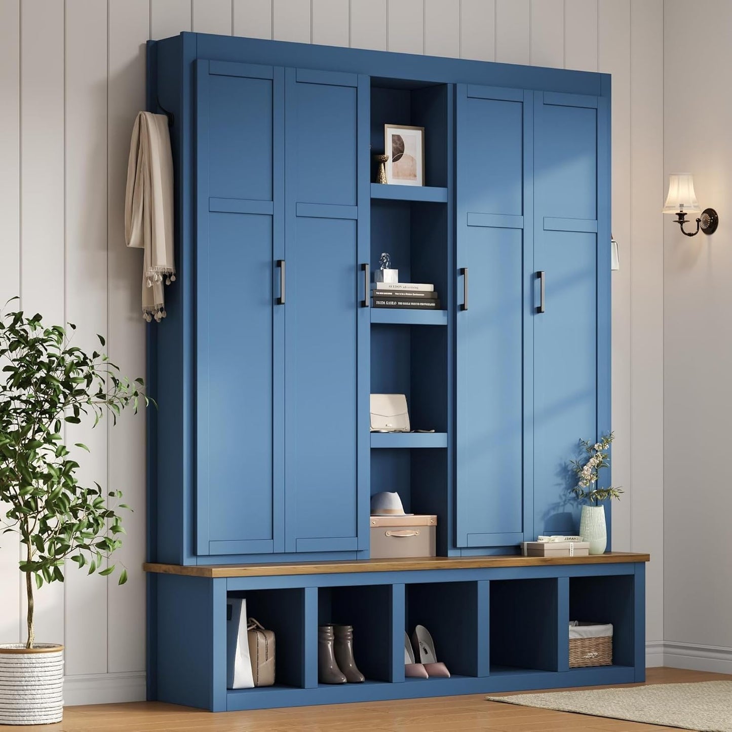 Modern Farmhouse Hall Tree with Bench, 4-In-1 Entryway Storage Cabinet & Shoe Organizer with Hooks, Blue