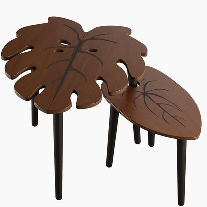 Monstera Leaf Nesting Tables Set of 2, Small Side Tables F Set with Leaf Vein Pattern, Modern Wooden Coffeetables for Living Room Bedroom Apartment Balcony Yard