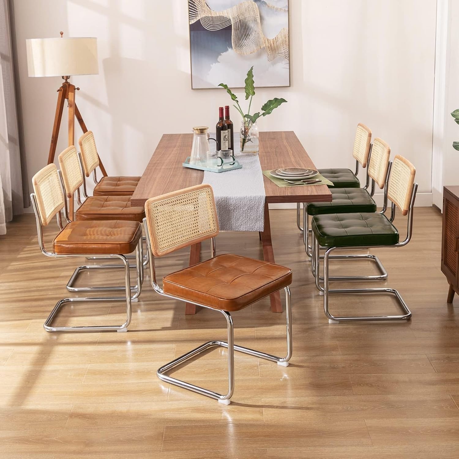 Natural Rattan Dining Chairs Set of 2, Modern Dining Room Chairs with Solid Wood Back for Kitchen Living Room, Mid Century Breuer Design Inspired, Upholstered Faux Leather Brown