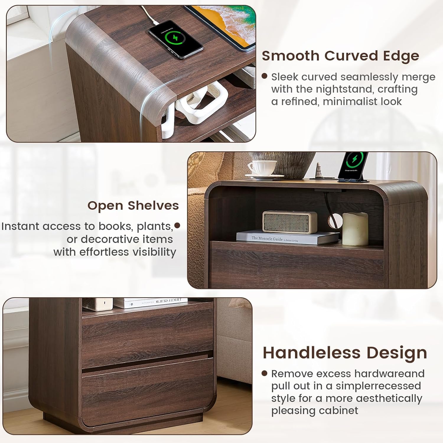 Modern Walnut Nightstand, 25" Tall Wooden Bedside Table with Charging Station, 2 Storage Drawers Side Table Curved Profile, Handleless, Large End Table Night Stand for Bedroom, Office