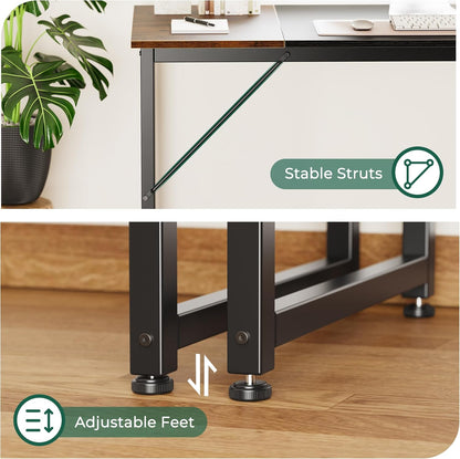 Computer Desk, 63 Inch Office Desk, Gaming Desk with Storage, Writing Desk Work Desk for Home Office, Study, Modern Simple Desk, Large Legroom, Metal Frame, Rustic Brown and Black