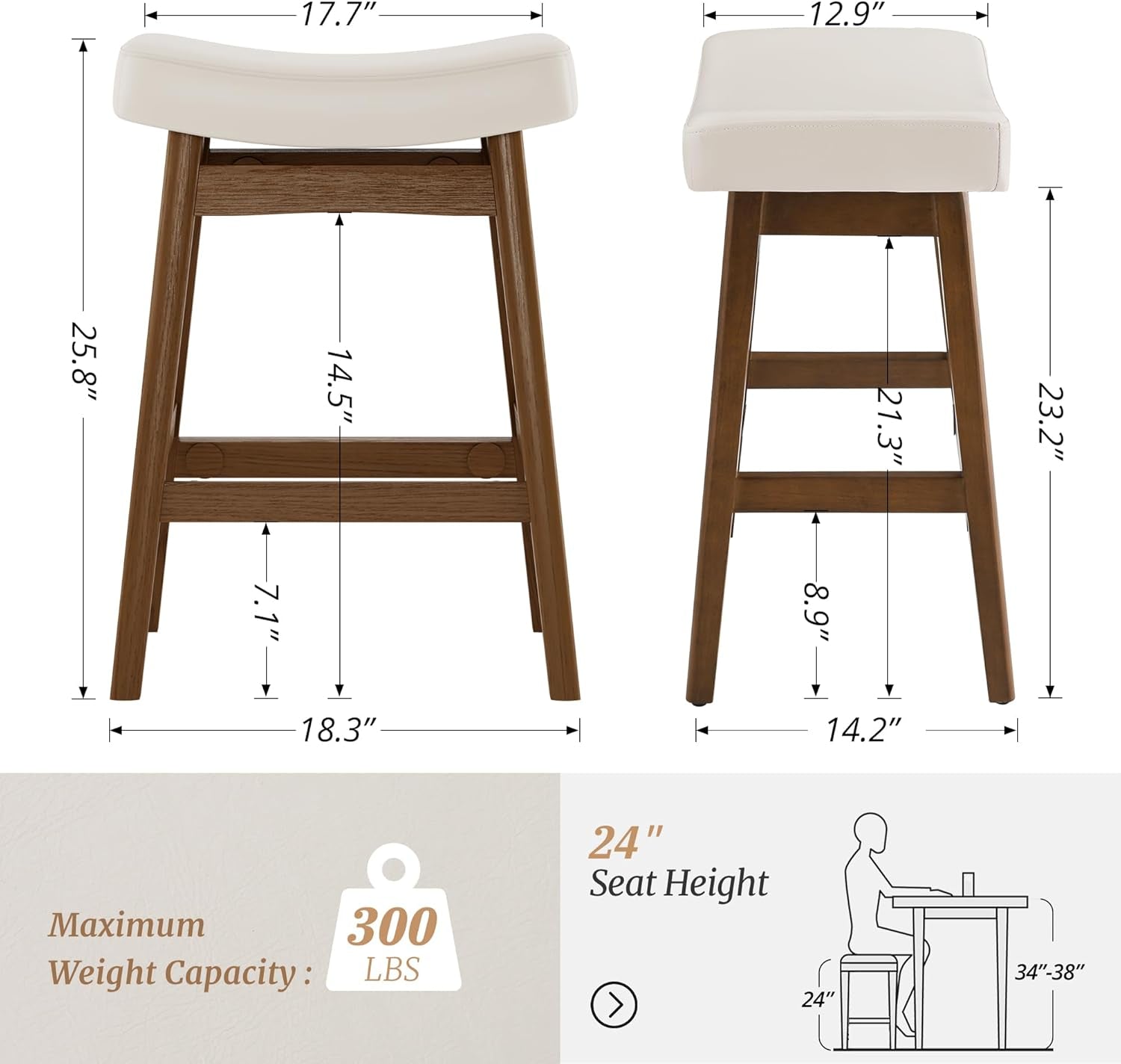 Bar Stools Set of 3, Barstools with Sturdy Wood Legs, Saddle Seat Counter Height Bar Stools for Kitchen Counter, Bar, Dining, 24 Inch Farmhouse Counter Stools, Antique White Leather