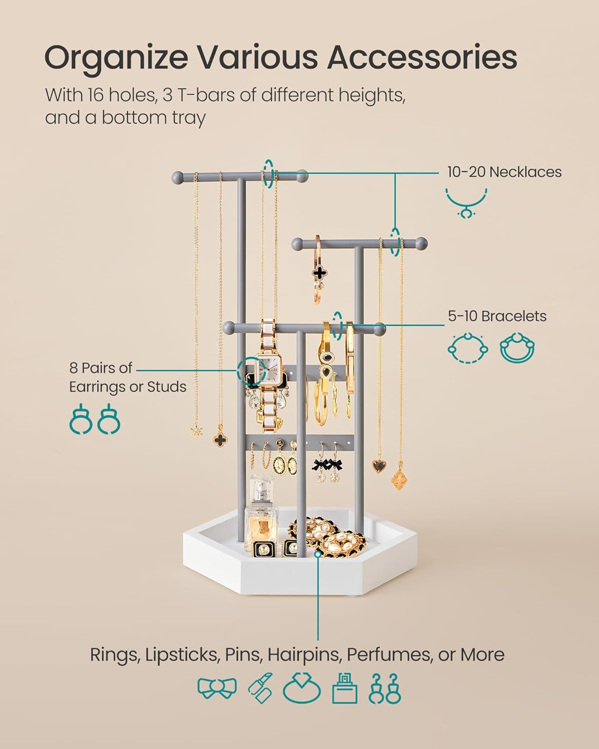 Jewelry Holder, Jewelry Organizer, 3 Tiers and 1 Tray, Jewelry Display Stand with Metal Frame, Necklace Earring Bracelet Holder, for Rings, Dove Gray and Cloud White UJJS003G01