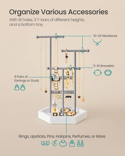 Jewelry Holder, Jewelry Organizer, 3 Tiers and 1 Tray, Jewelry Display Stand with Metal Frame, Necklace Earring Bracelet Holder, for Rings, Dove Gray and Cloud White UJJS003G01