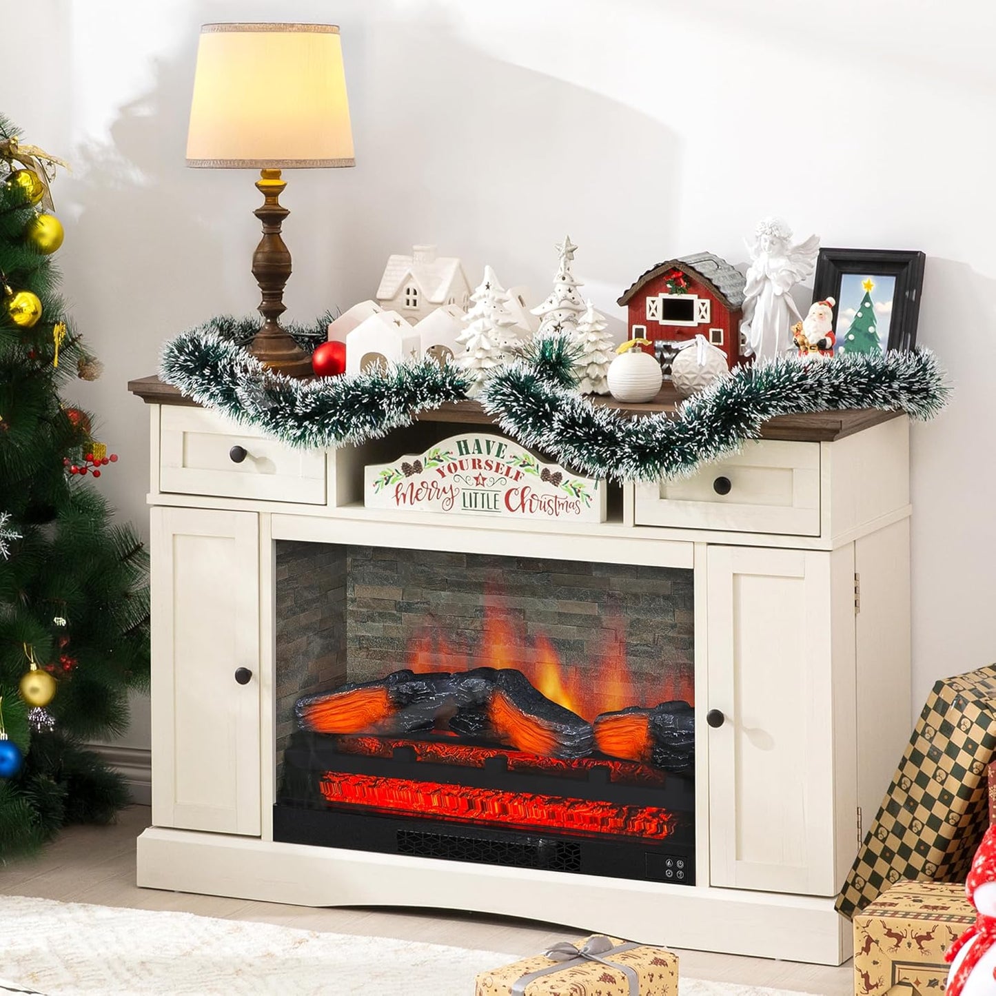 Fireplace TV Stands with for Tvs up to 55'', Media Console Table with Adjustable Shelves, Double-Door Design, Entertainment Center for Living Room, White and Rustic Oak