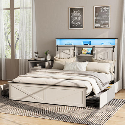 Farmhouse Full Size Bed Frame with 4 Drawers and Bookcase Headboard, Sliding Barn Door Storage Shelves, LED Lights and Charging Station, No Box Spring Needed, Antique White