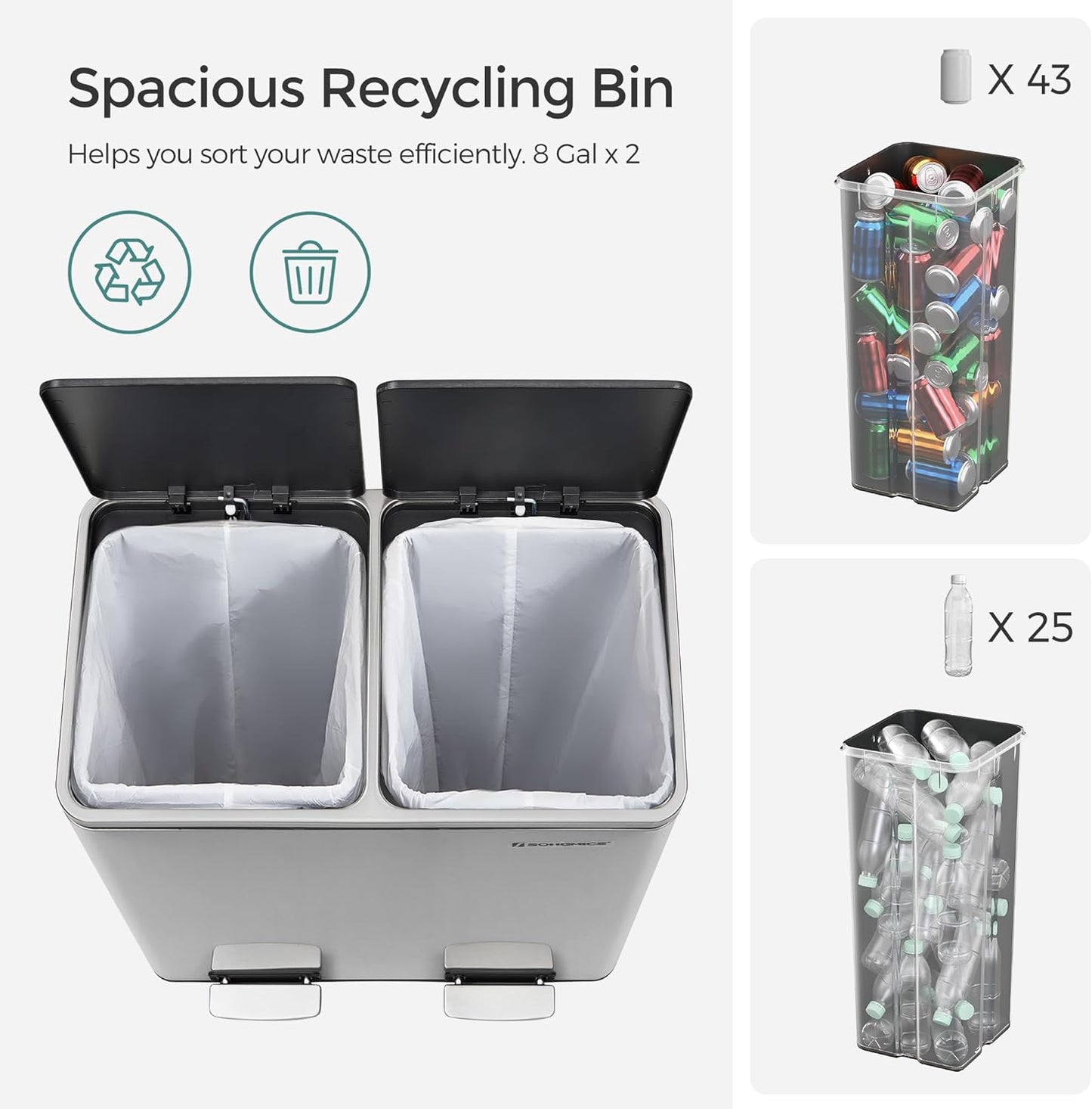 Trash Can, 2 X 8 Gallon (2 X 30 L) Garbage Can for Kitchen, with 15 Trash Bags, 2 Compartments, Plastic Inner Buckets and Hinged Lids, Airtight, Silver and Black ULTB60NL