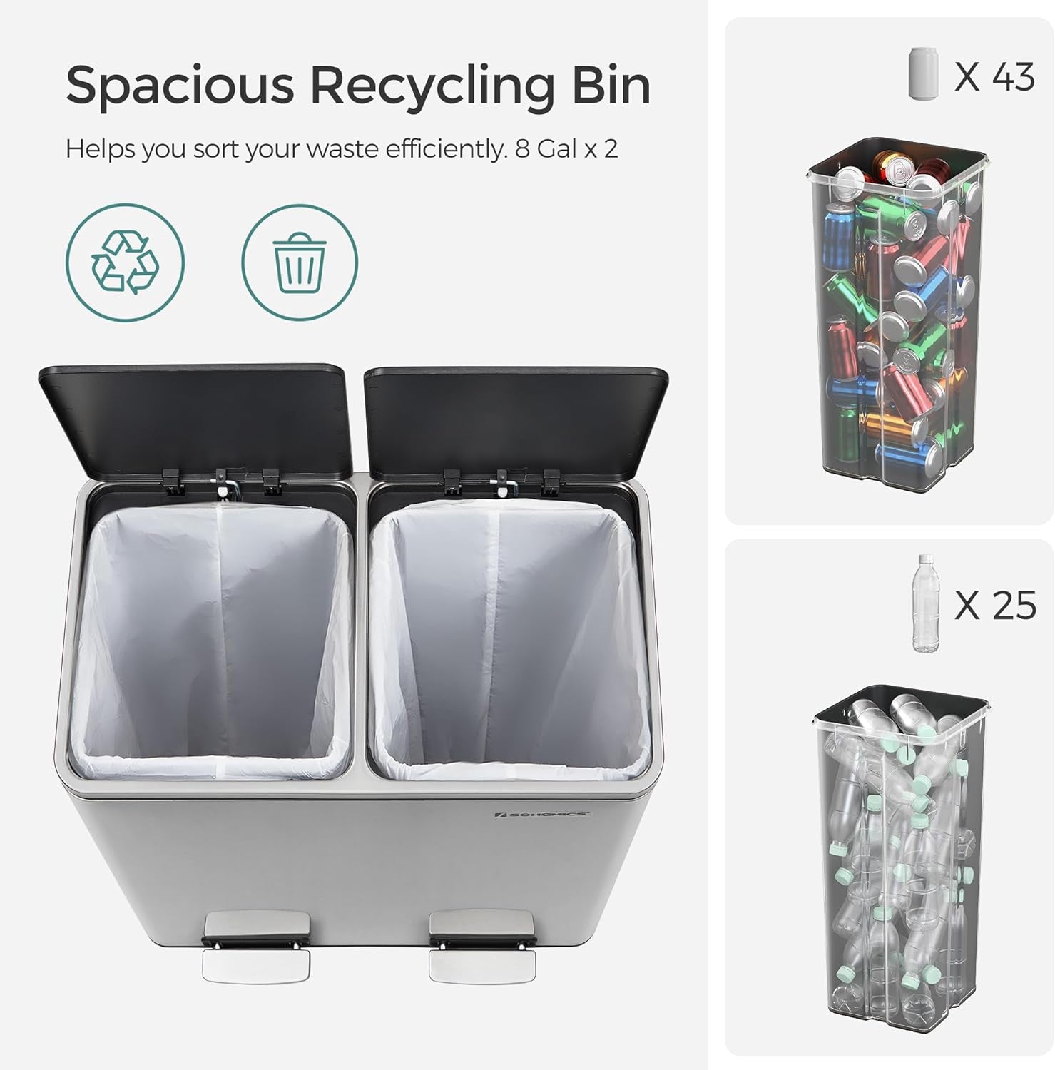 Trash Can, 2 X 8 Gallon (2 X 30 L) Garbage Can for Kitchen, with 15 Trash Bags, 2 Compartments, Plastic Inner Buckets and Hinged Lids, Airtight, Silver and Black ULTB60NL