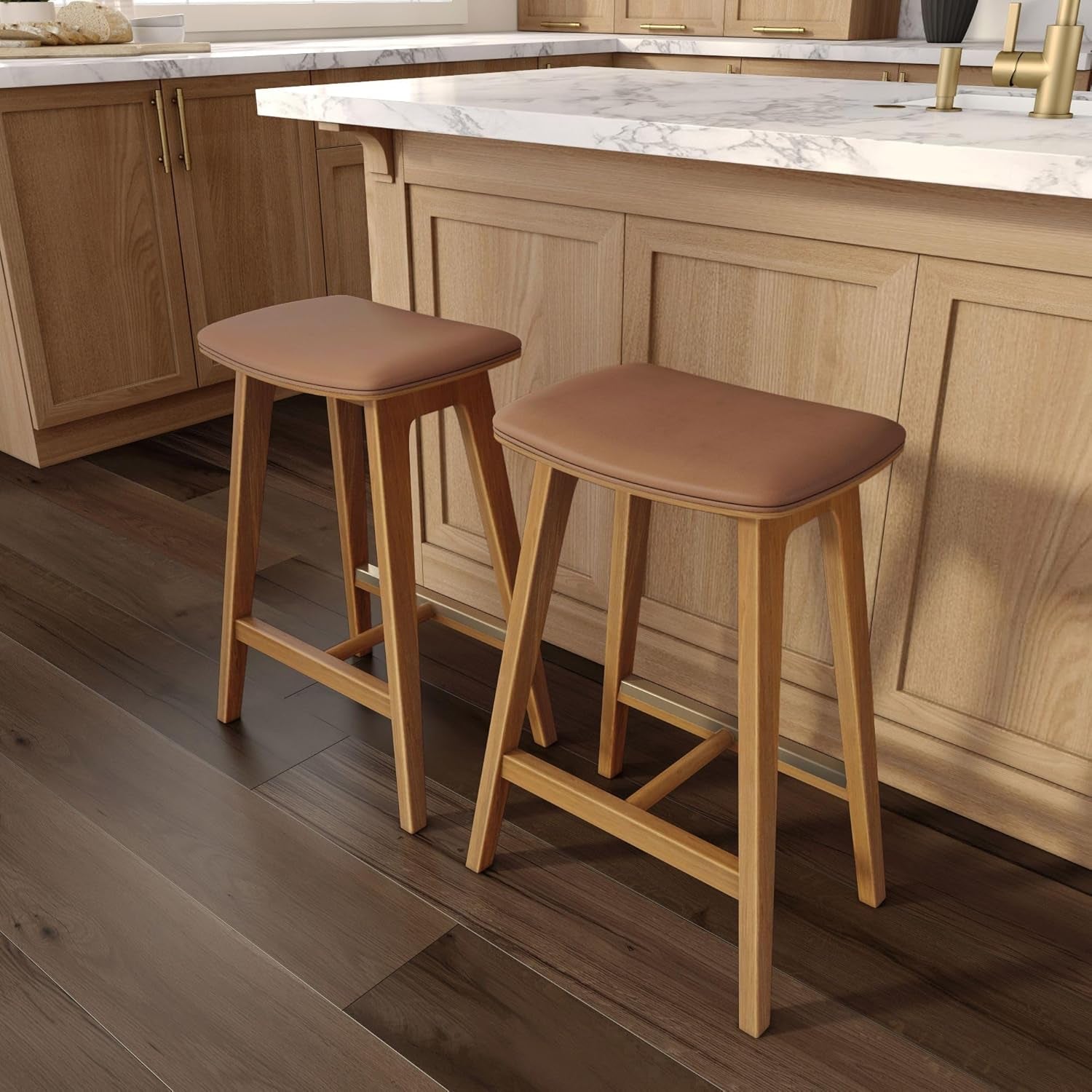 Beryl Counter Height Stool - Mid-Century Modern Rubberwood Bar Stool with Faux Leather Seat, Metal Footrest, Easy Assembly, 2-Pack, Pecan/Toffee