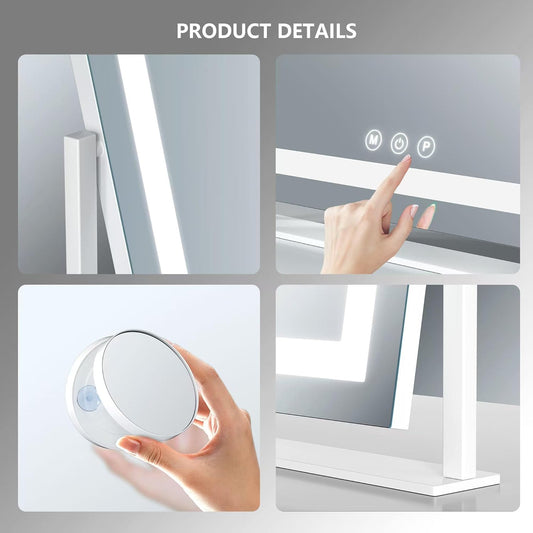 Vanity Mirror with Lights, 17.3’’ LED Makeup Mirror Detachable 10X Magnification, Smart Touch Control, 3 Color Lighting Modes,360°Rotation Tabletop Make up Mirror for Bedroom Bathroom