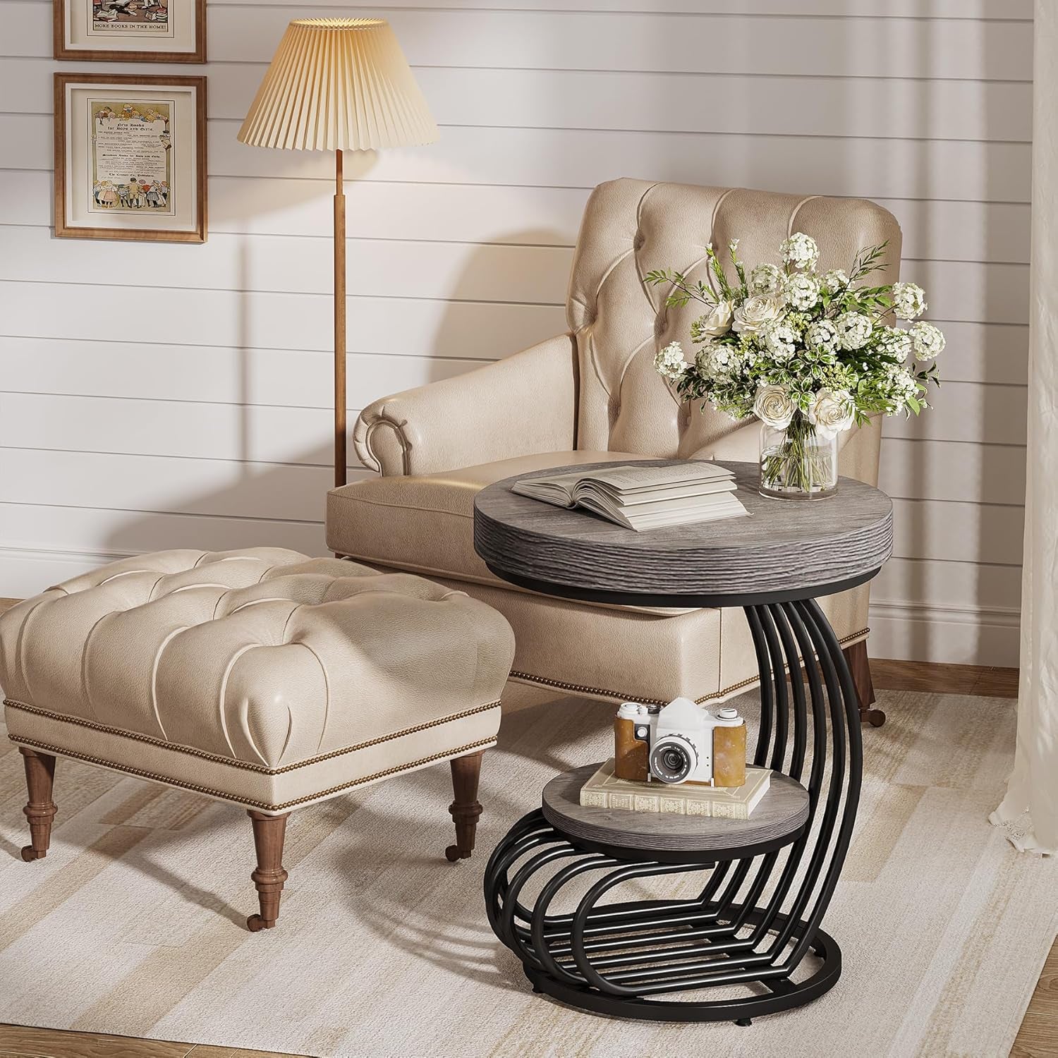 round End Table, 2-Tier Farmhose Wood Side Table with Shelf Storage, Small Sofa Side Bedside Nightstand, Arc-Shaped Frame Accent Furniture for Living Room, Grey