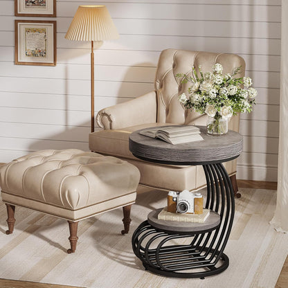 round End Table, 2-Tier Farmhose Wood Side Table with Shelf Storage, Small Sofa Side Bedside Nightstand, Arc-Shaped Frame Accent Furniture for Living Room, Grey