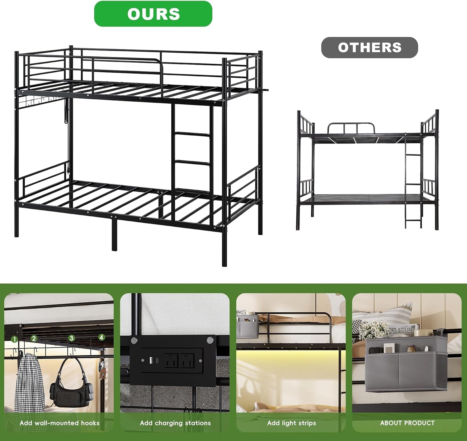 Bunk Bed Twin over Twin,Metal Bunk Beds with Power Outlet and LED Lights,Heavy-Duty Safety Rails Ladder,Space-Saving Design with Storage Hooks,440Lbs Capacity for Adults,Black