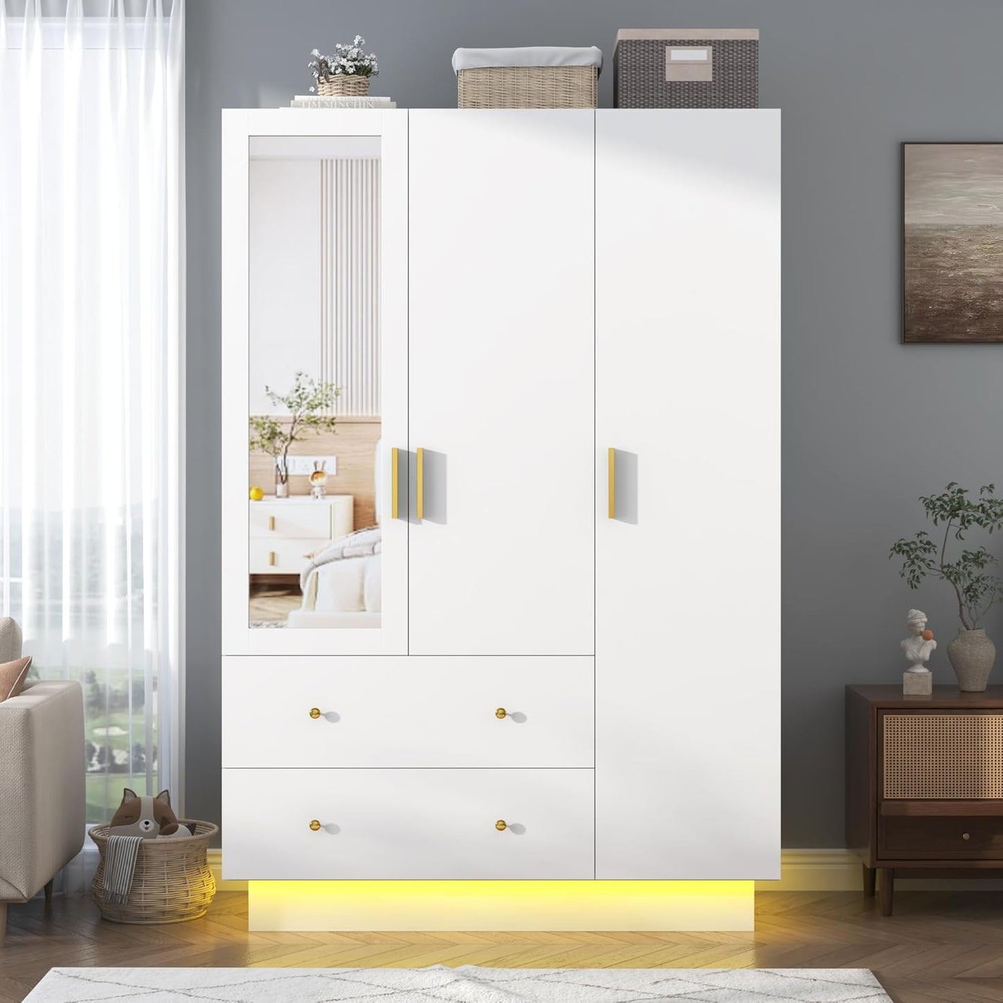3 Doors Armoire Wardrobe Closet with Mirror, LED Armoire with Doors and Drawers, Wooden Wardrobe Storage Cabinet with Hanging Rod, Adjustable Shelves, White