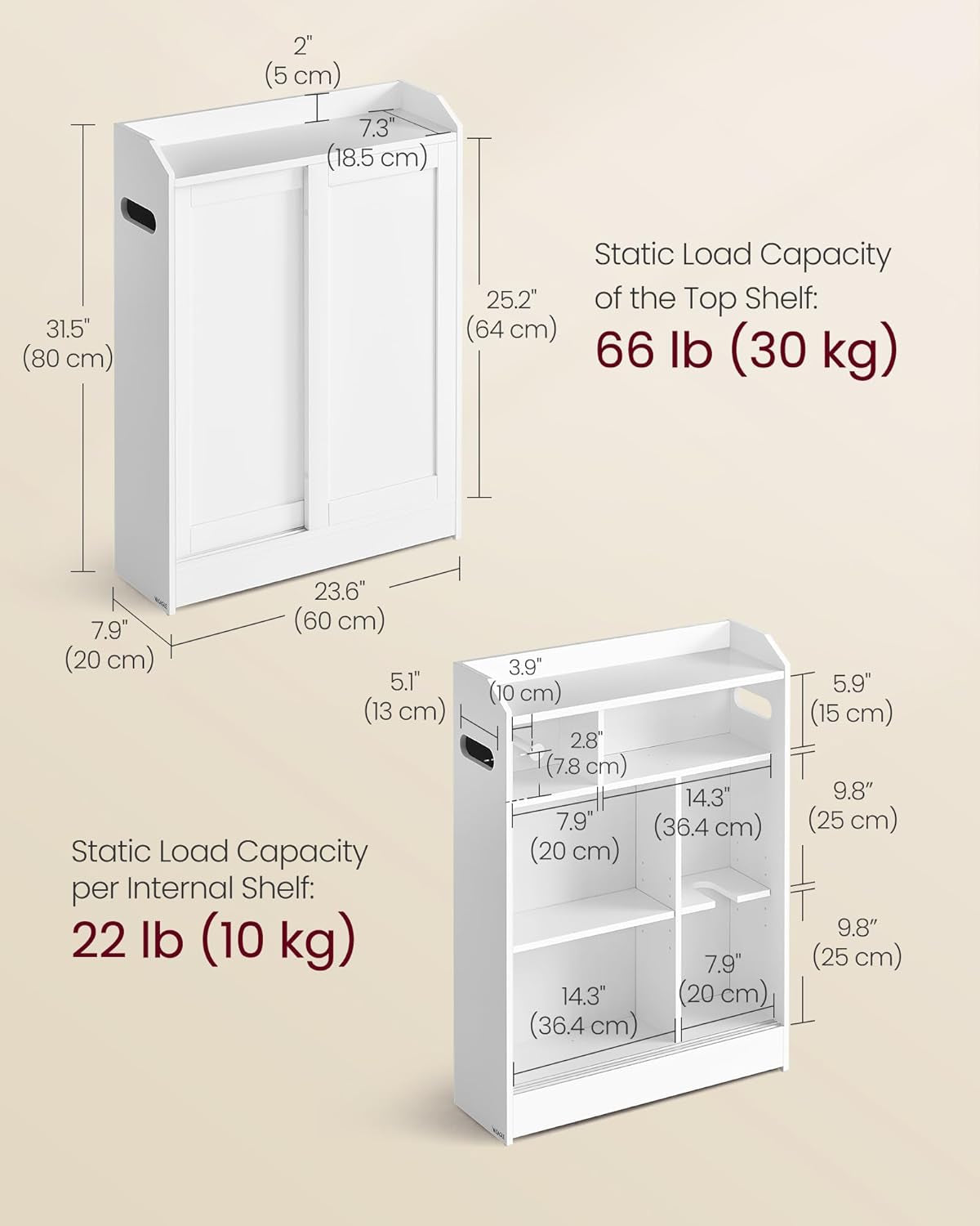 Bathroom Cabinet, Slim Bathroom Storage Cabinet, Toilet Paper Holder and Brush Compartment, Sliding Doors, Adjustable Shelves, Next to Toilet, 7.9 X 23.6 X 31.5 Inches, Cloud White UBBC752W01