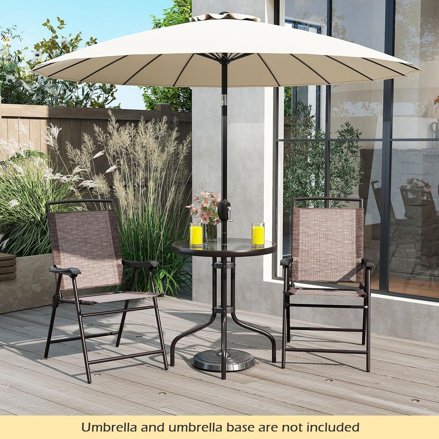 Bistro Table and Chairs Set of 2, Outdoor 3 Piece Patio Bistro Set with 1.57” Umbrella Hole, Tempered Glass Tabletop, 2 Folding Chairs, Small Patio Furniture Dining Set for Garden, Balcony