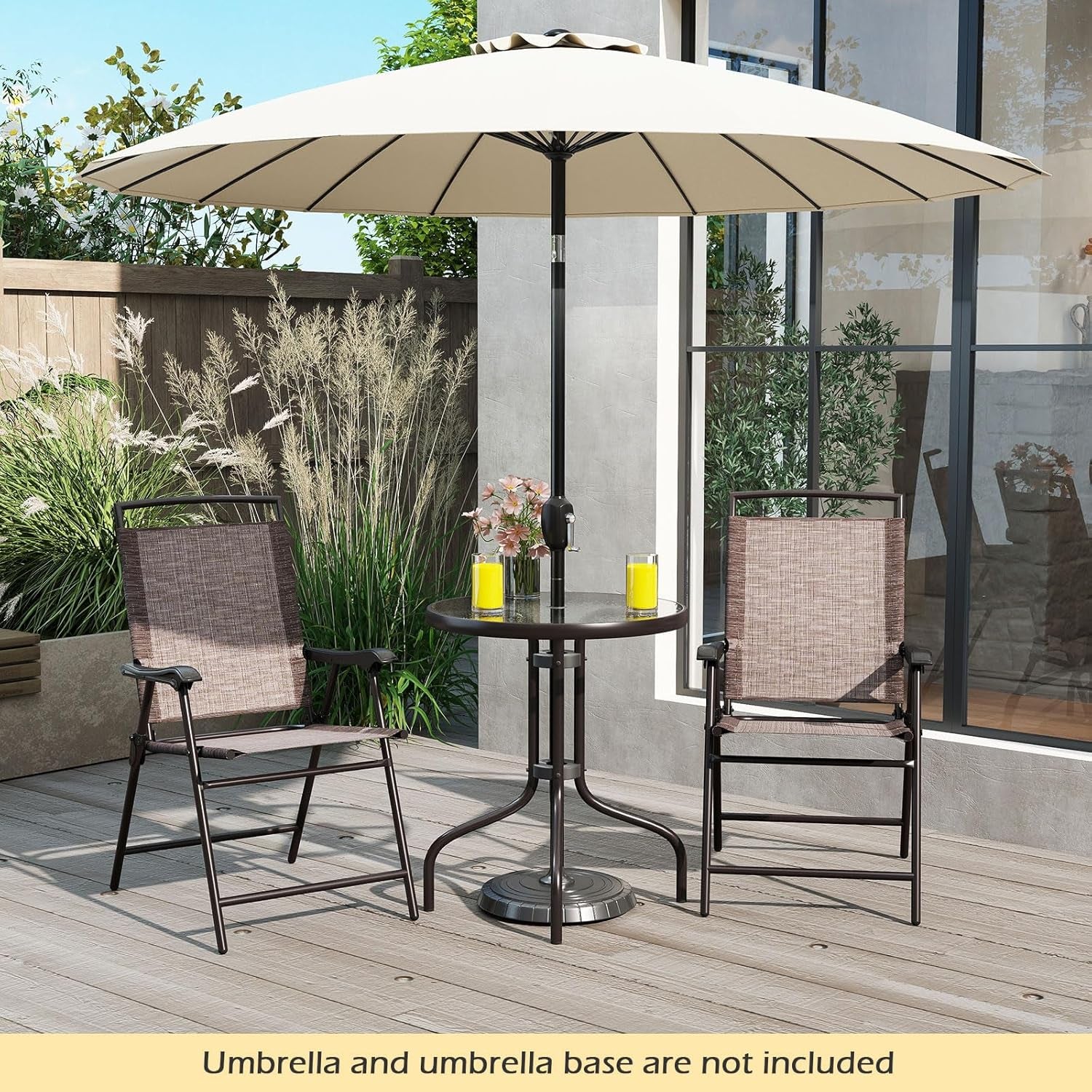 Bistro Table and Chairs Set of 2, Outdoor 3 Piece Patio Bistro Set with 1.57” Umbrella Hole, Tempered Glass Tabletop, 2 Folding Chairs, Small Patio Furniture Dining Set for Garden, Balcony