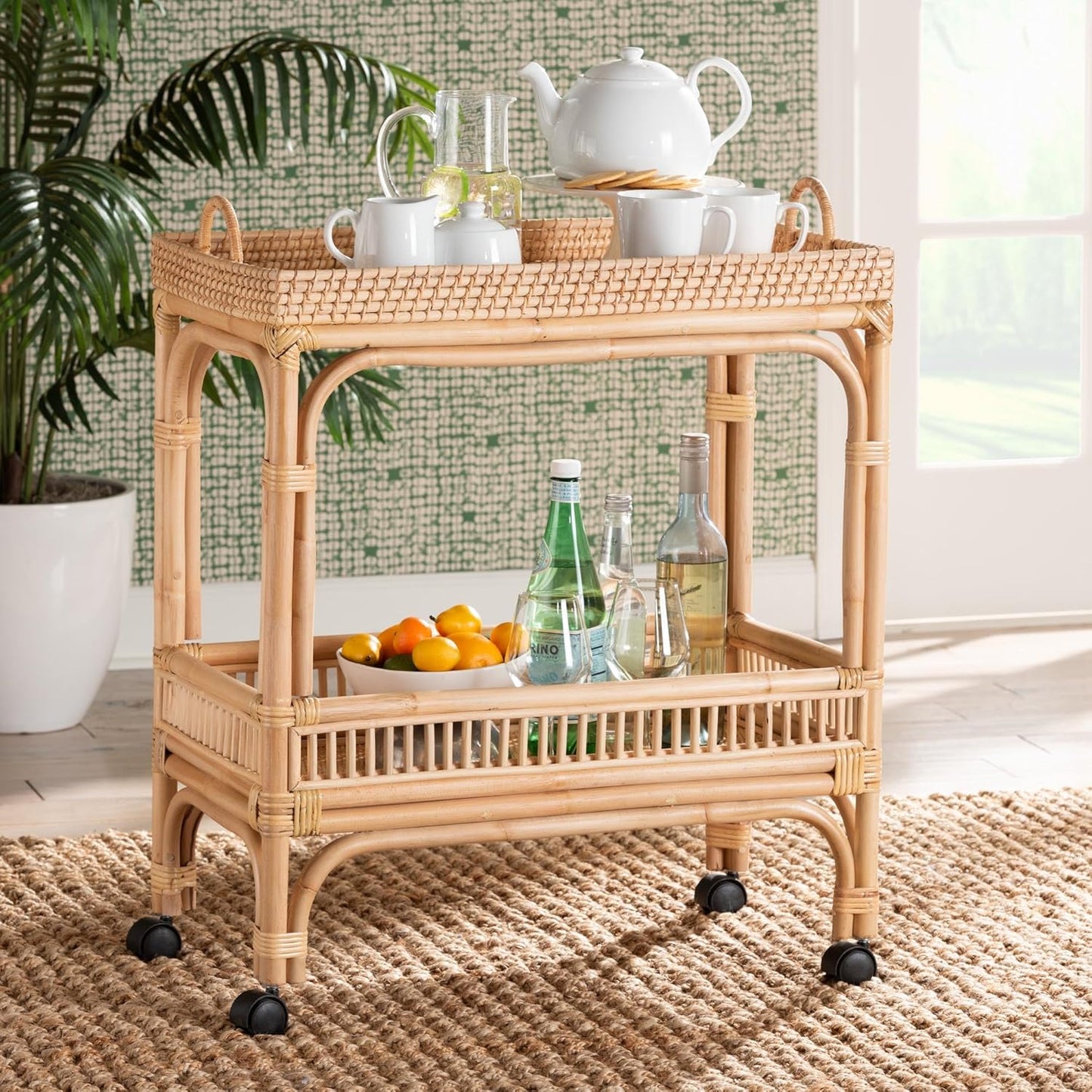 Lombok Natural Rattan Wine Cart, 2-Tier