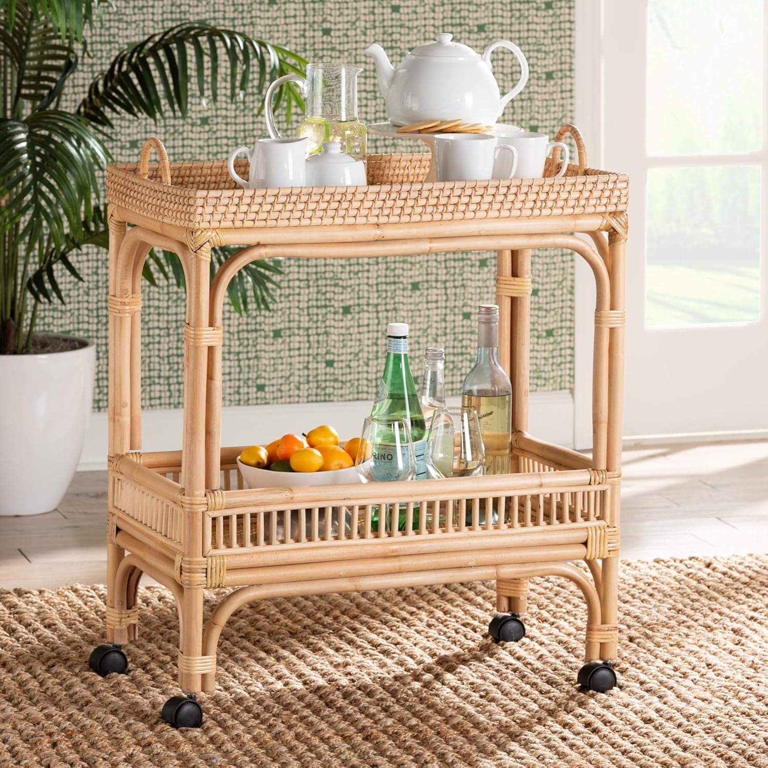 Lombok Natural Rattan Wine Cart, 2-Tier