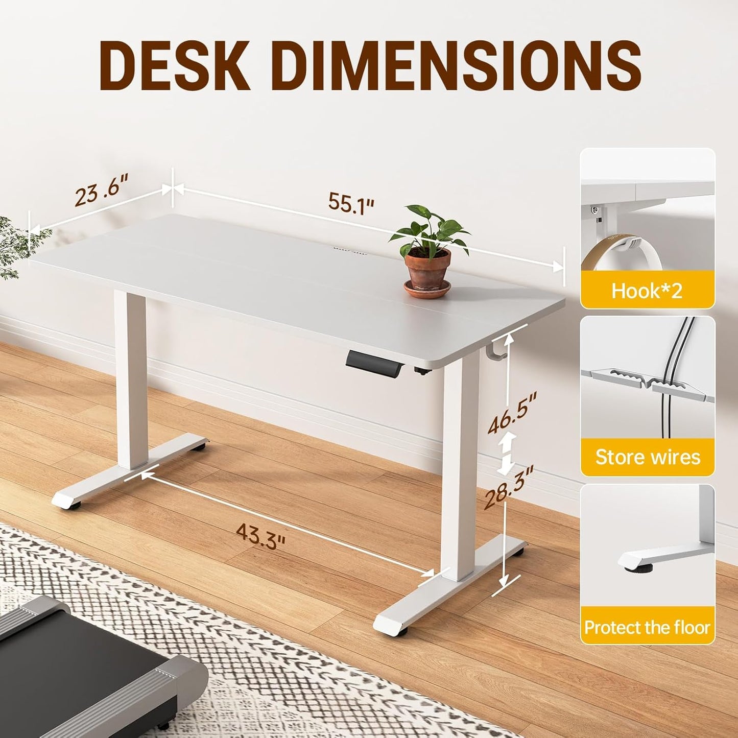 55 Inch Large Electric Standing Desk,Sit to Stand Up, Heights Adjustable, Work Home Office Computer Table for Study, Walking Pad, Writing, and Games, Wooden Desktop Desks, White