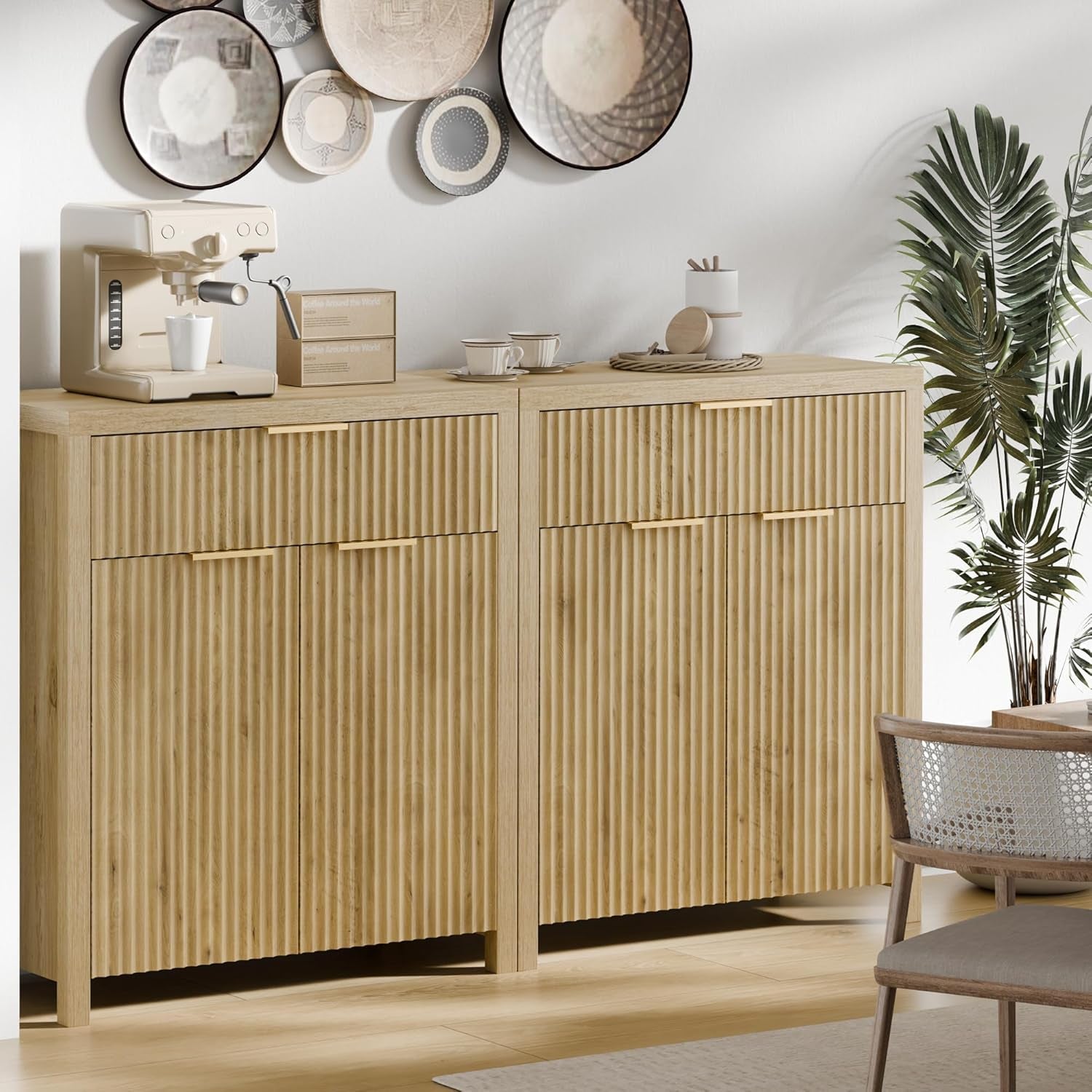 Fluted Buffet Cabinet with Storage Sideboard Cabinet Adjustable Shelves for Kitchen Living Room, Kitchen, Entryway