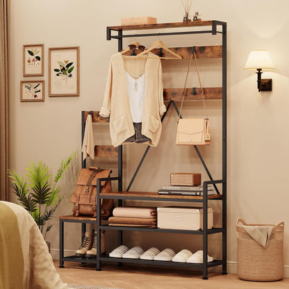 Hall Tree with Bench and Shoe Storage Parent-Child Coat Rack Shoe Bench Industrial Coat Tree Entryway Large Organizer with Shoe Rack, Storage Cubbies, Hooks, and Top Shelf